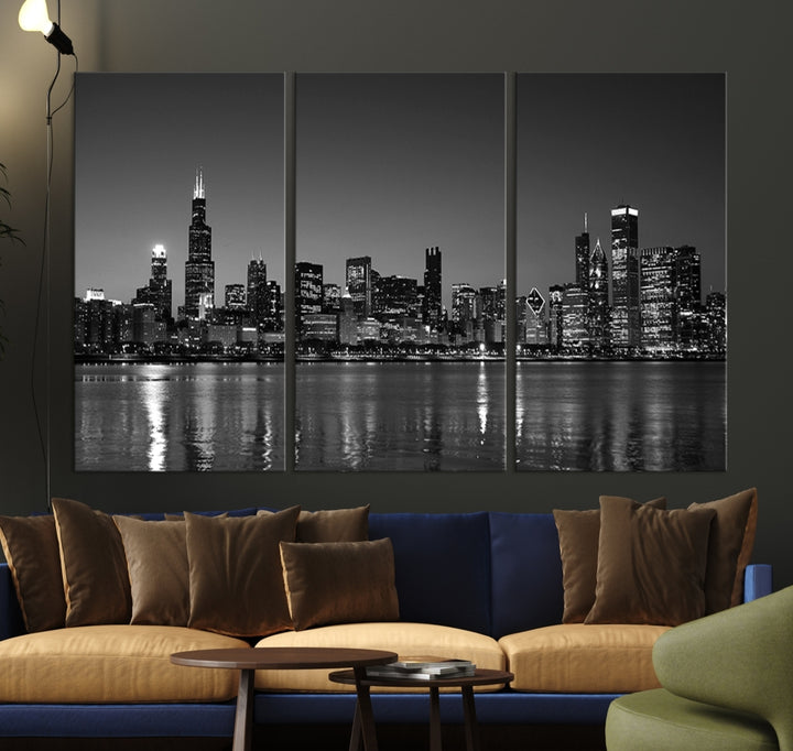 The Chicago Wall Art Canvas Print, a black and white triptych of a city skyline, adorns the space. This museum-quality canvas art arrives ready to hang, effortlessly merging sophistication with contemporary design.