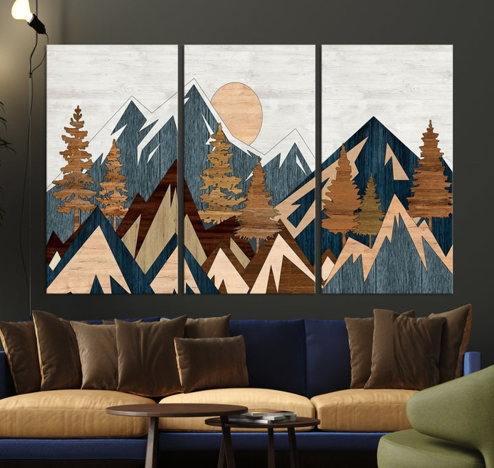 The Abstract Wood Panel Effect Mountain Range Top Wall Art Canvas Print is a striking three-panel art piece featuring mountains, trees, and the sun. Each canvas is gallery wrapped on museum-quality materials and comes with UV protection to ensure durability and preservation.