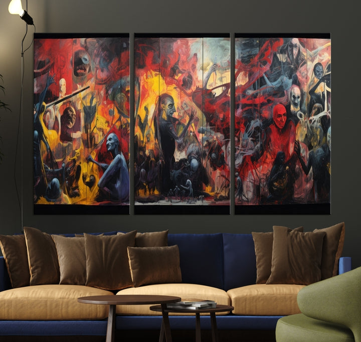 A vibrant Abstract Graffiti Wall Art triptych made of premium canvas, handmade in the USA, adorns the living room.