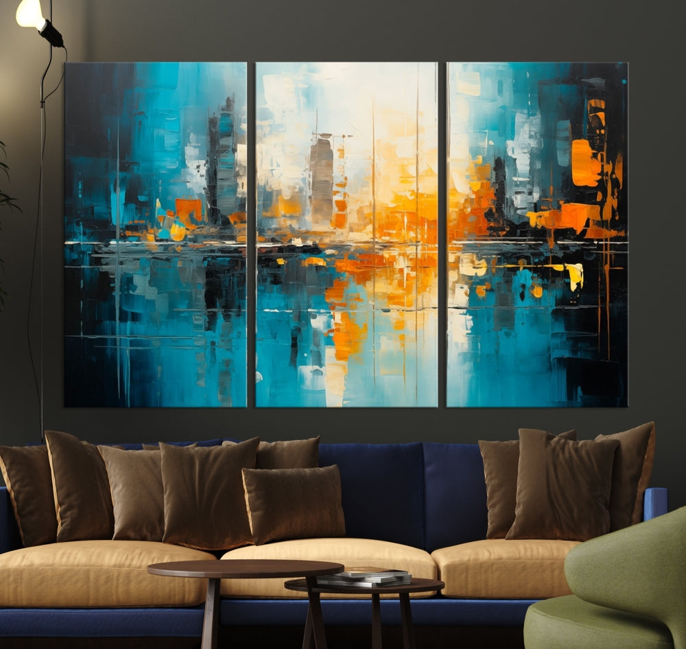 The Large Modern Abstract Wall Art Canvas Print, gallery wrapped on museum-quality canvas, enhances the modern living room setting.