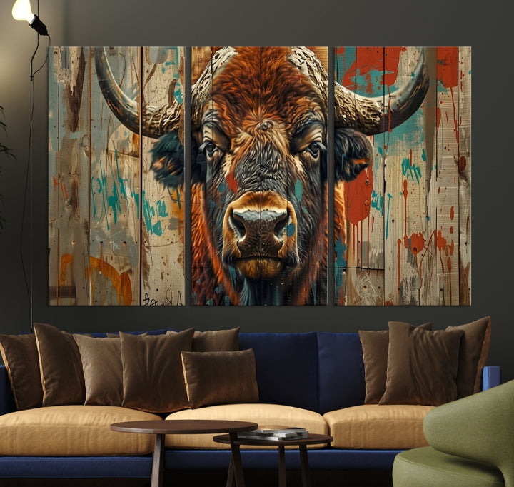 Bisonte lienzo pared arte American Buffalo Print Buffalo Impresión original Decoración rústica Arte de la pared de la granja Bison Wood fondo Large Wall Art