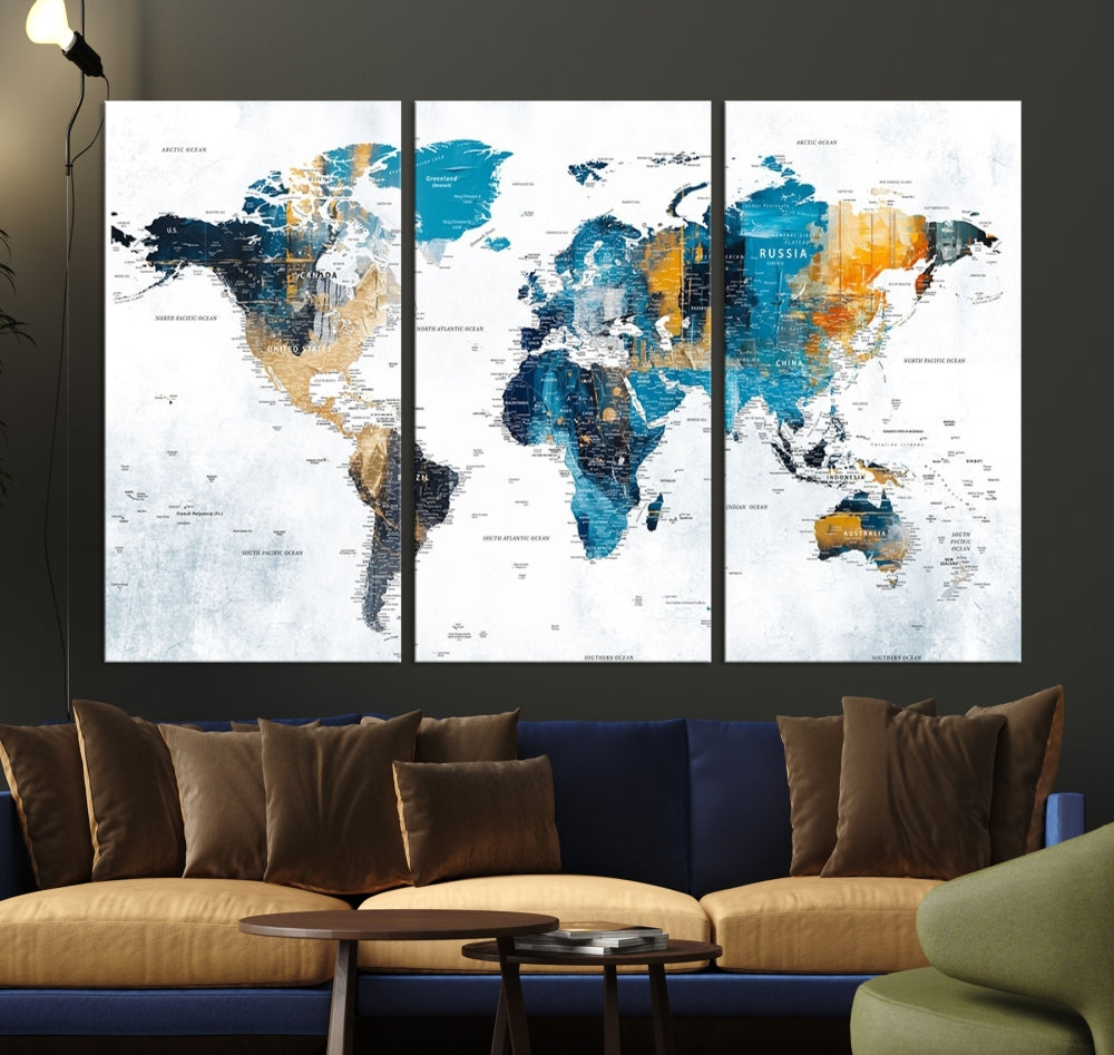 The World Map Turquoise Orange Wall Art Canvas Print, a triptych crafted on museum-quality canvases, adds aesthetic appeal and durability to the space.