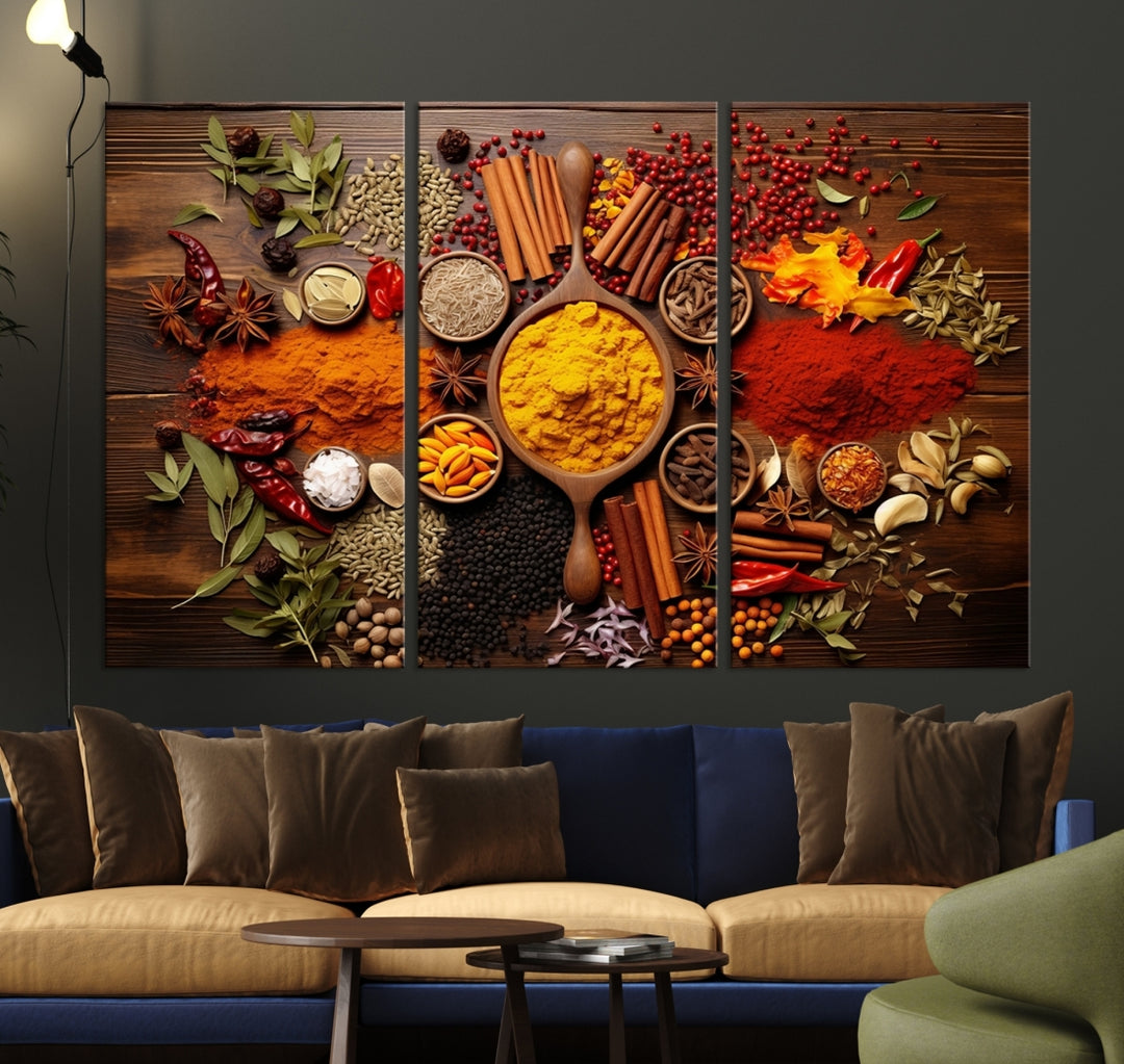 The wall art, an Abstract Spoonful of Spice Art Print triptych, is crafted on museum-quality canvas with a UV-protective coating, ensuring lasting brilliance. Ready to hang, it showcases an array of colorful spices and herbs.