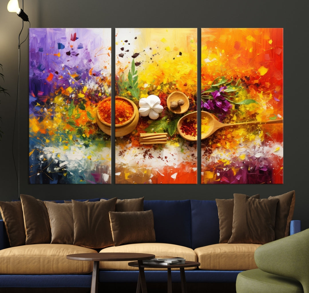 The Abstract Spoonful of Spice Art Print Kitchen Wall, featuring a colorful triptych design of spices and herbs on museum-quality canvas with a UV-protective coating, enhances the modern living room. It's ready to hang, adding a vibrant touch to the space.