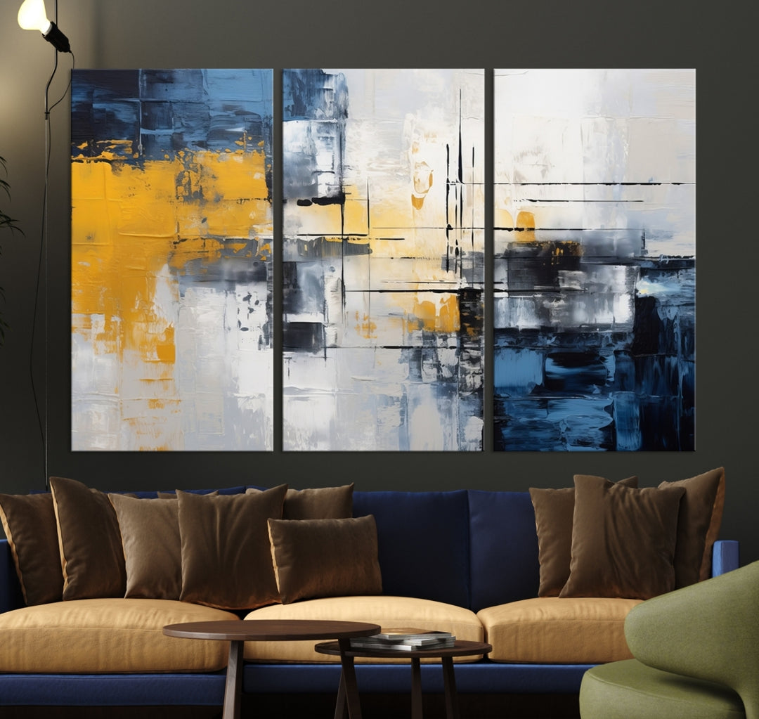 The Yellow Orange Blue Abstract Wall Art Print on gallery-wrapped, museum-quality canvases adds a vibrant touch to the room.