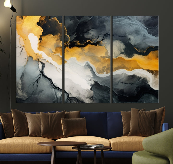 The Smoke Gray Green Golden Abstract Contemporary Art Canvas beautifully enhances a modern living room. Created on museum-quality canvas, this ready-to-hang artwork guarantees longevity and sophistication, perfectly aligning with the contemporary aesthetic.