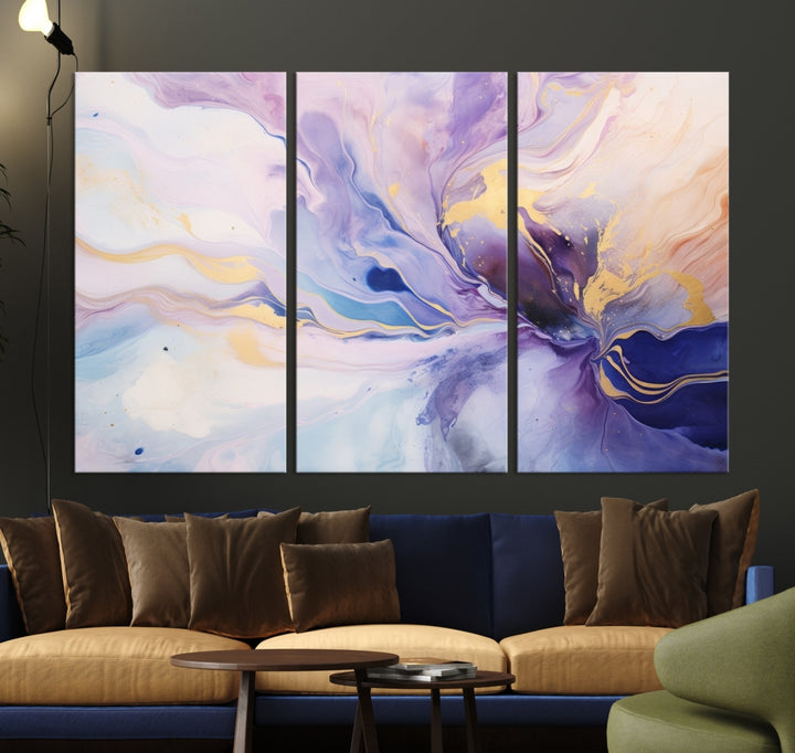 In the modern living room, a captivating Purple Color Abstract Wall Art Print graces the walls, mounted on museum-quality canvas, infusing the space with an artistic flair.