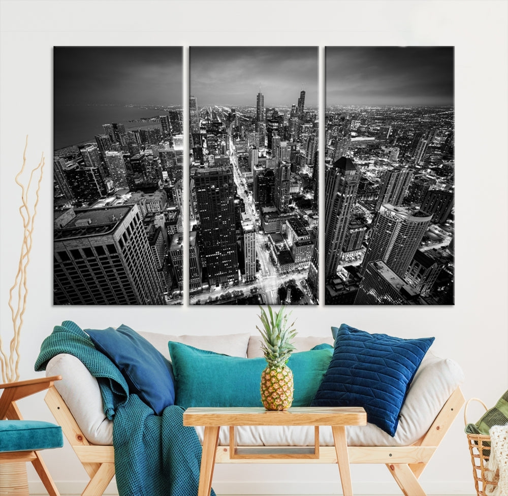 A Chicago Wall Art Canvas Print, specifically the Chicago City Night Canvas Print, is displayed in handcrafted frames.