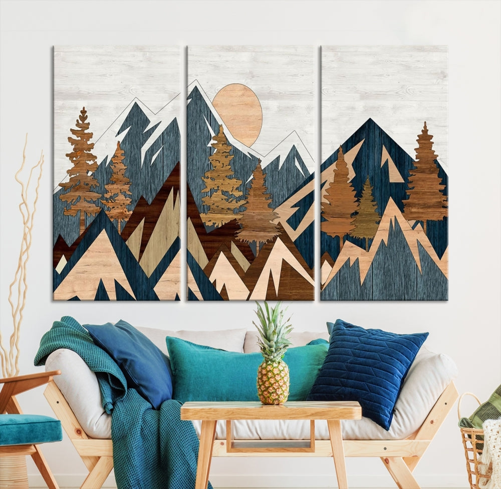 The Abstract Wood Panel Effect Mountain Range Top Wall Art Canvas Print is a striking three-panel art piece featuring mountains, trees, and the sun. Each canvas is gallery wrapped on museum-quality materials and comes with UV protection to ensure durability and preservation.