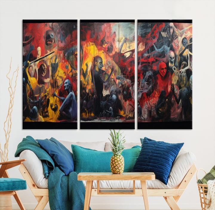 A vibrant Abstract Graffiti Wall Art triptych made of premium canvas, handmade in the USA, adorns the living room.