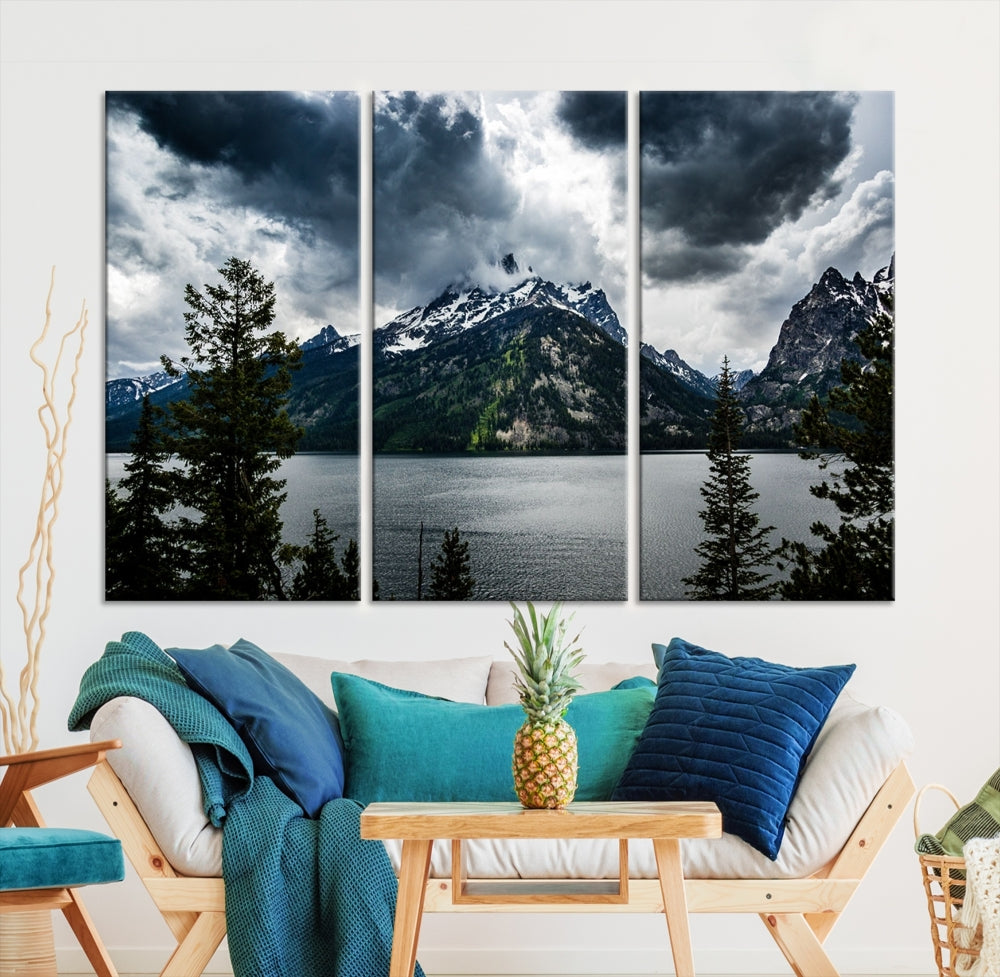 Grand Teton National Park Canvas Wall Art – Majestic Mountain Landscape Under Dramatic Clouds - Ready to Hang