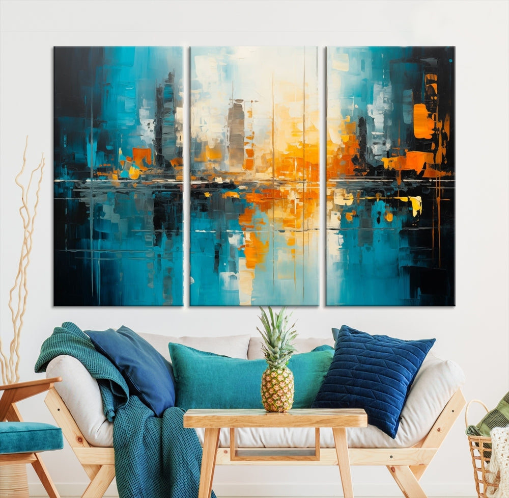 The Large Modern Abstract Wall Art Canvas Print, gallery wrapped on museum-quality canvas, enhances the modern living room setting.