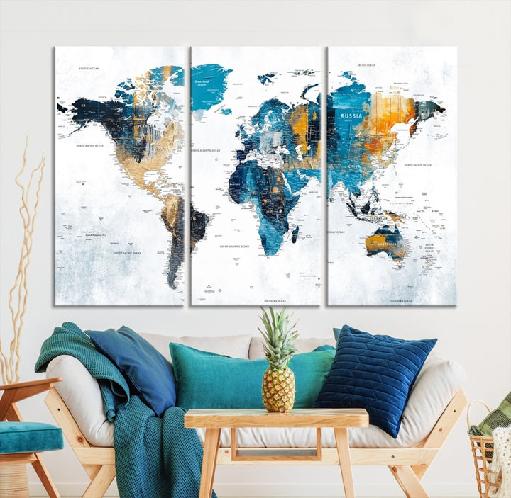 The World Map Turquoise Orange Wall Art Canvas Print, a triptych crafted on museum-quality canvases, adds aesthetic appeal and durability to the space.