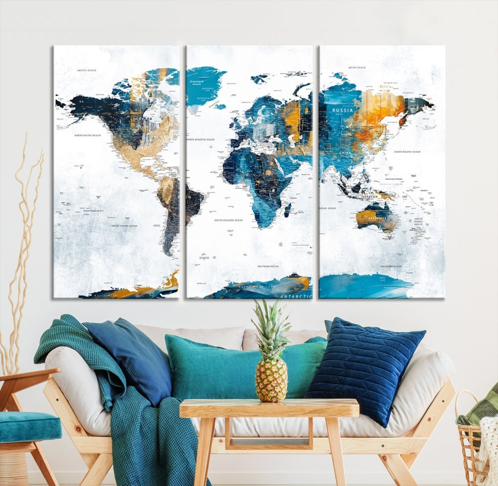 The "Turquoise Orange World Map Canvas Wall Art" showcases striking blue and orange tones. This museum-quality canvas features a UV-protective coating for enhanced durability and vibrant color retention.