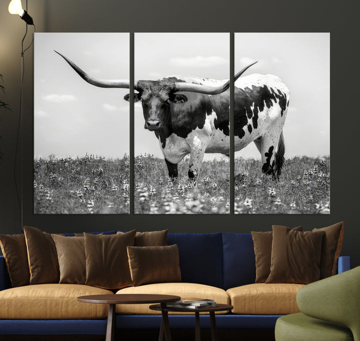 Texas Black White Highland Longhorn Cow Wall Art Canvas Print