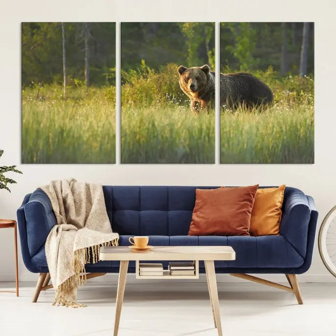 A museum-quality triptych wall art, titled "Wild Bears in Nature Canvas Print," elegantly decorates the living room.