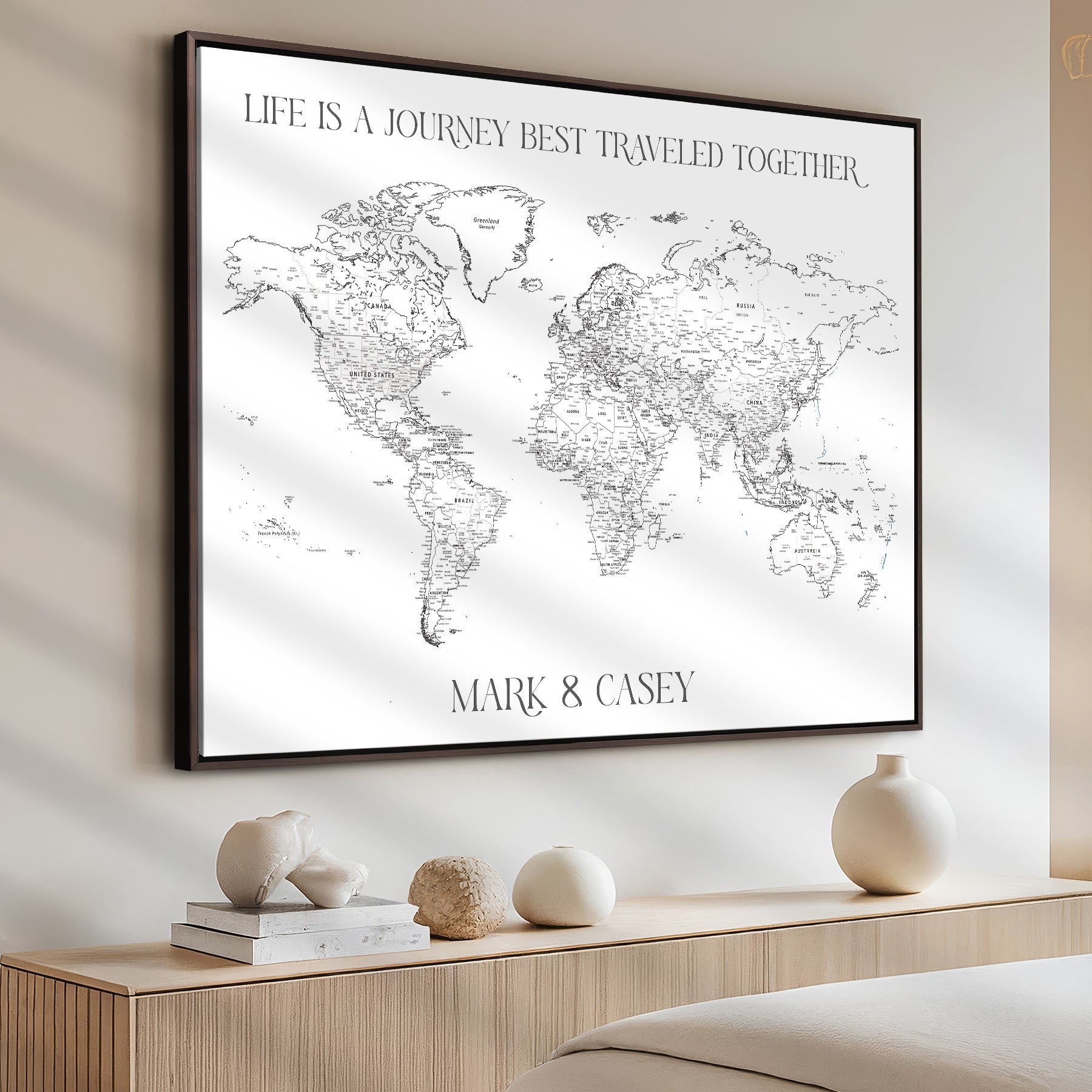 CSM02-MGV-CV-36X24-Custom Push Pin World Map Print – Personalized Canvas Wall Art for Travel Memories, Framed Gift for Couples, Anniversary or Wedding