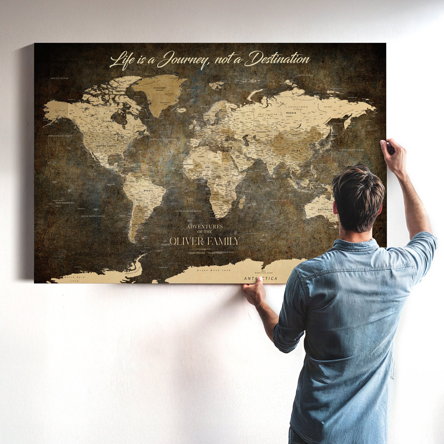 45566494-MGV-CV-36X24-Custom Personalized Push Pin World Map Canvas Gift Framed Travel Tracker for Couples Anniversary Adventure Keepsake Wall Decoration