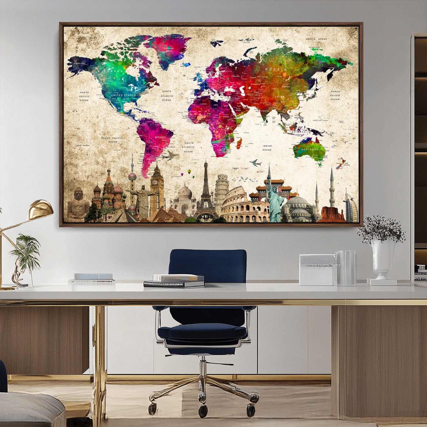 MGV-FC-36X24 - Push Pin World Map Canvas Print – Framed Wall Art for Couples to Track Their Travels – Anniversary