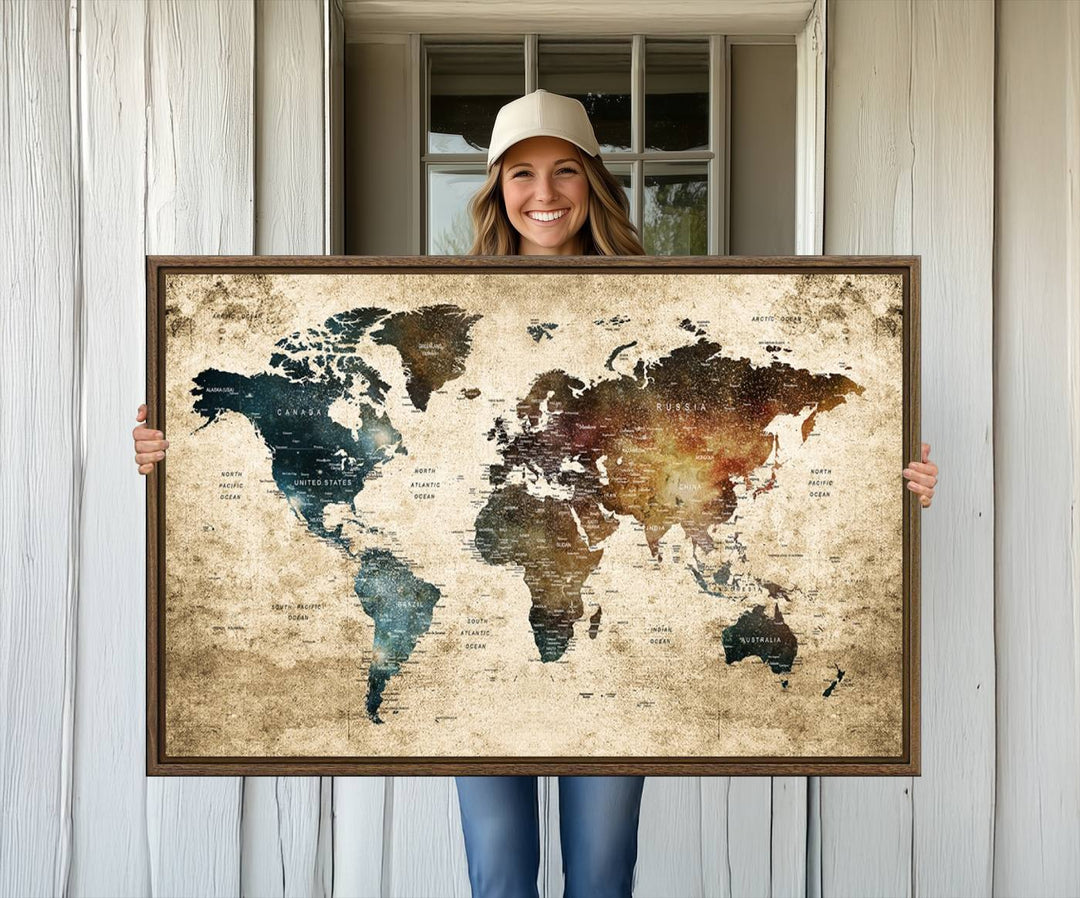 Vintage World Map Canvas Wall Art, perfect for antique-style decor, displayed against a light wood wall.