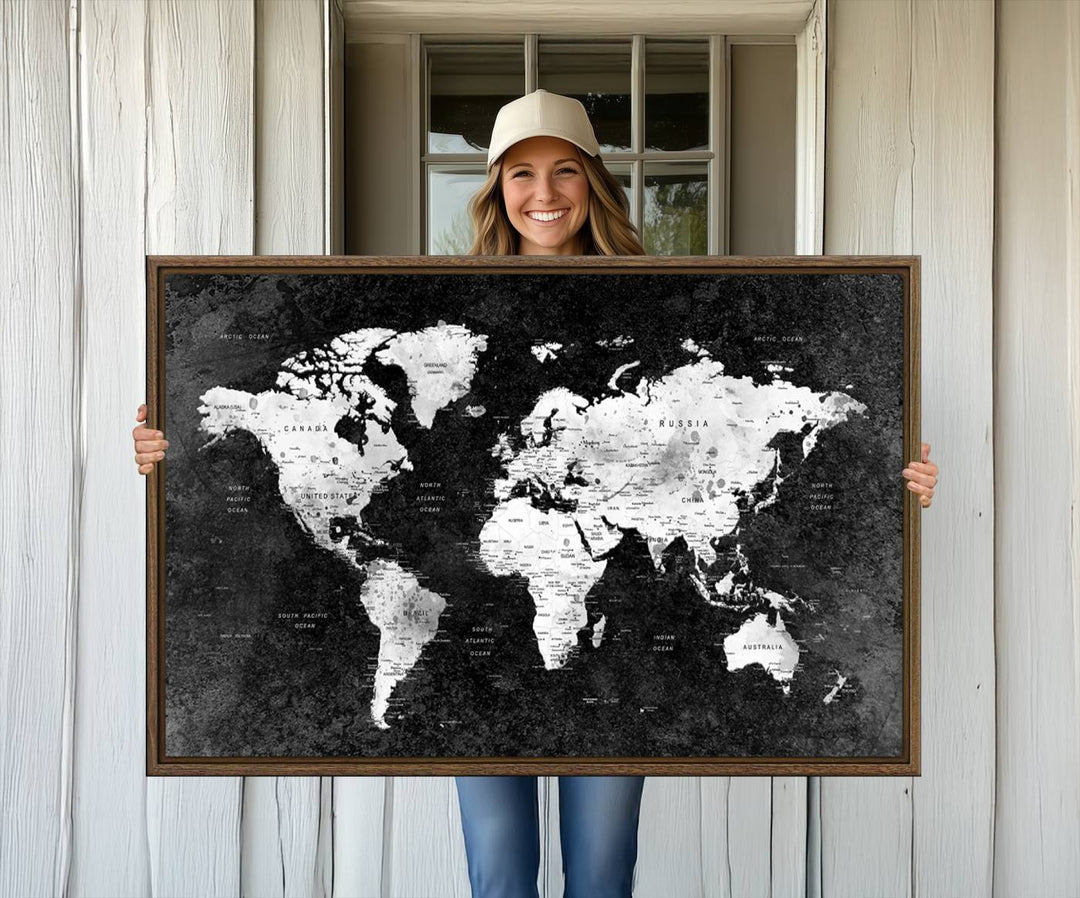 The dining room features a Modern Grayscale World Map 3-Panel Canvas Art as its focal point.