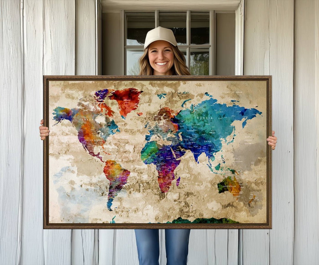 An Abstract Large Watercolor World Map Canvas Print hangs prominently.