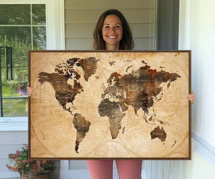 Vintage World Map Wall Art | 3 Panel Large Canvas Art | Antique World Map Canvas Print | Rustic Map Wall Art, Framed Gallery Wrapped