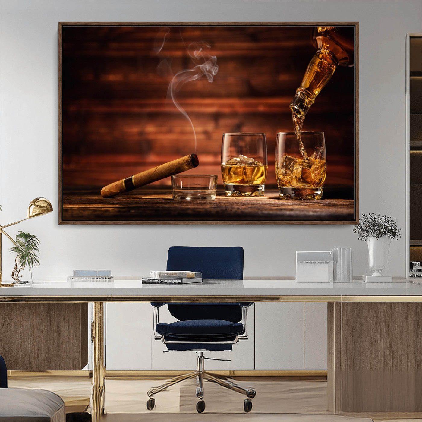 MGV-FC-36X24 - Whiskey and Cigar Wall Art Canvas | 3 Panel Bar Room Decor for Home Lounge, Office, or Man Cave |