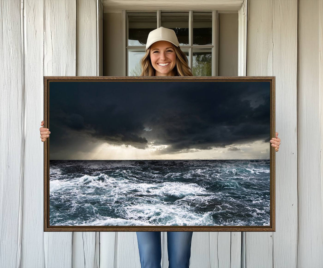 A Dark Clouds Stormy Sea canvas print, ready to hang, enhances the room.