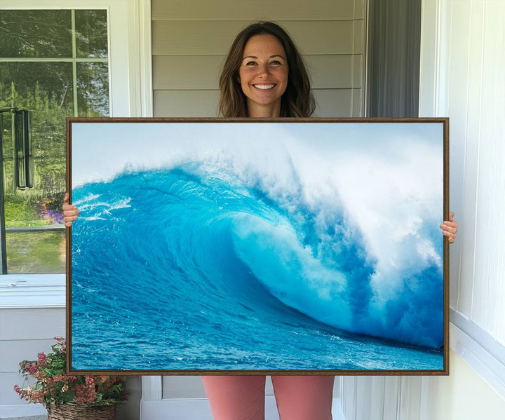 A museum-quality canvas depicting a vibrant blue ocean wave with white foam under a clear sky.