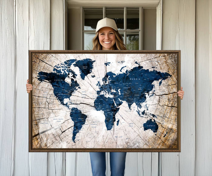 The Vintage World Map on Grunge Background Canvas serves as the focal point of the room.