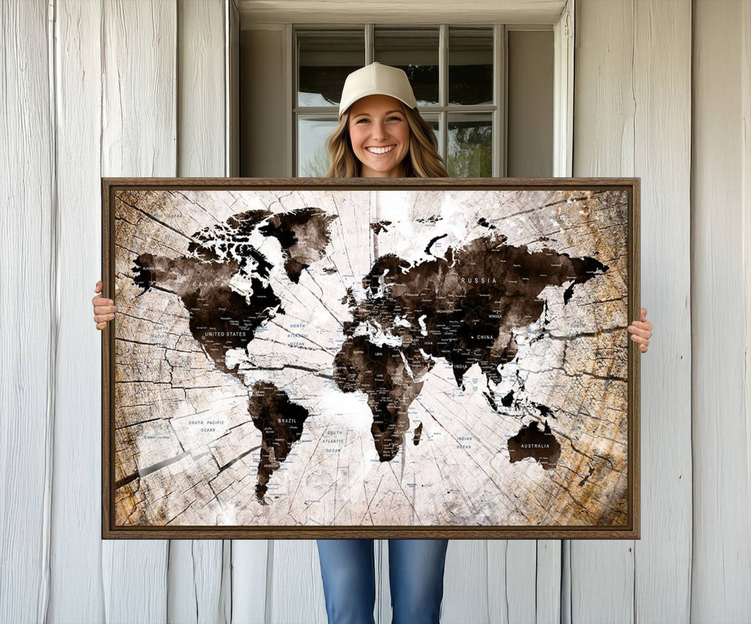 The Tree Ring World Map Canvas hangs above the table, blending into the nature-inspired setting.