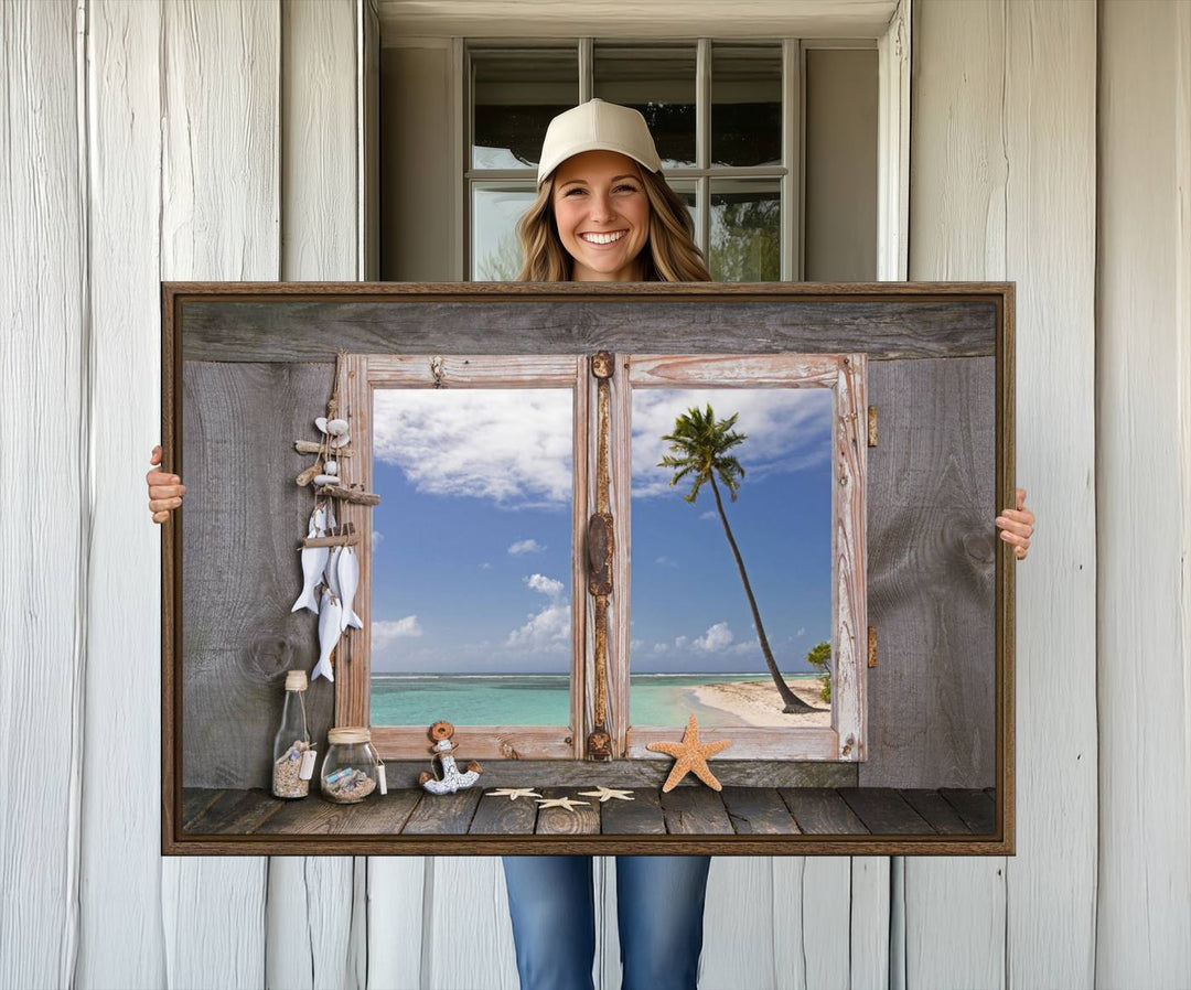 The Window Wall Art Relaxing Beach features seashells and a rustic window frame.