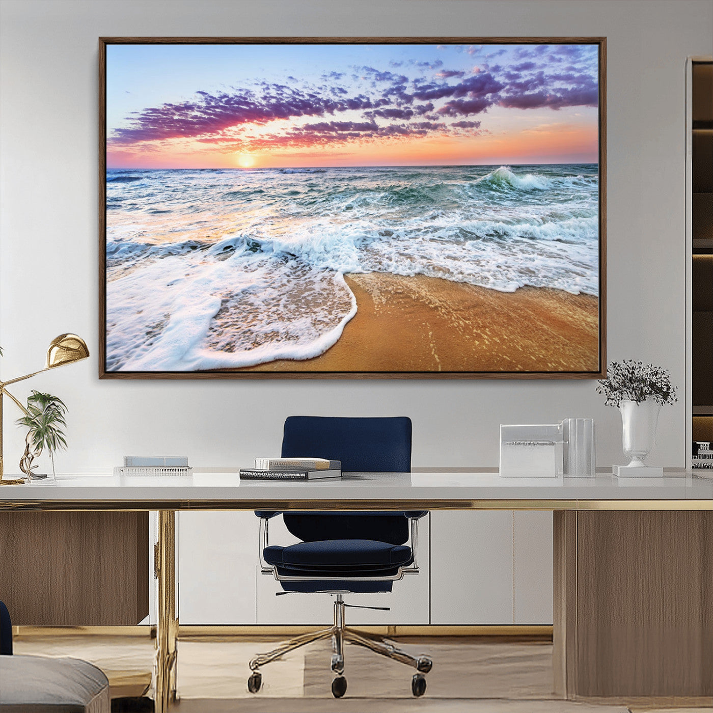 MGV-FC-36X24 - Coastal Sunset Art Beach Canvas Wall Art Print | Ocean Waves Wall Art | Large 3-Panel Seascape for