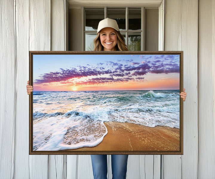 The Tropical Beach Waves Art Print, depicting an ocean sunset and sandy shore, enriches the coastal decor of the dining area.