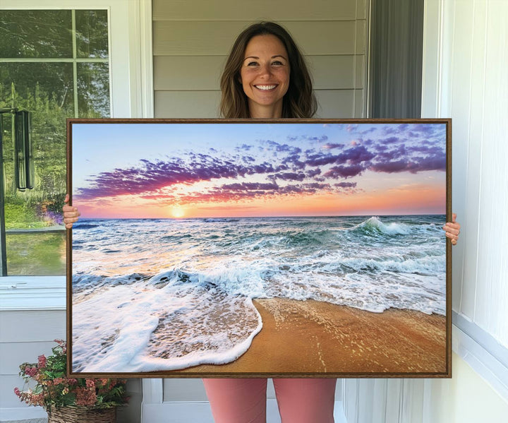 The Coastal Sunset Art Canvas Print features ocean waves beneath a vibrant sky in a stunning 3-panel seascape.