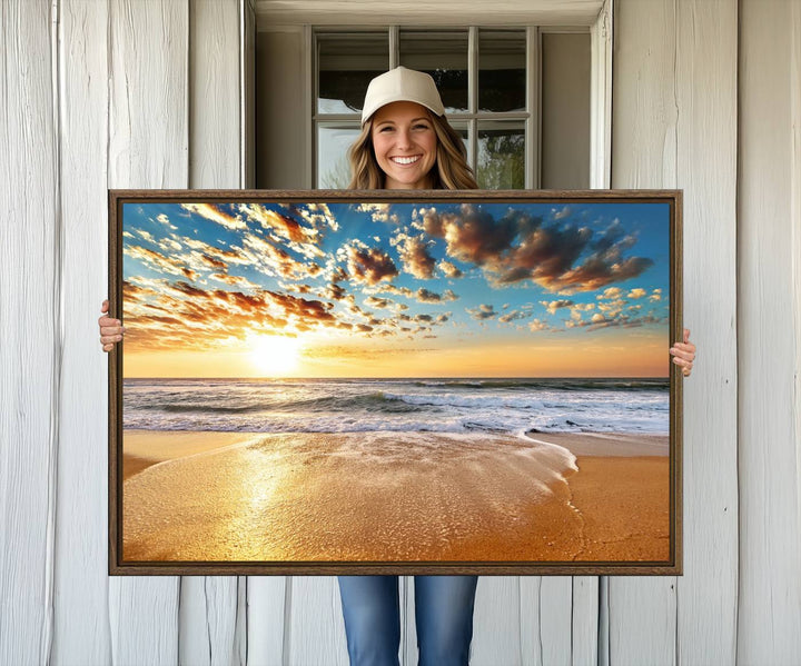 A gallery-wrapped canvas titled Soothing Sunset on Calm Beach is featured.