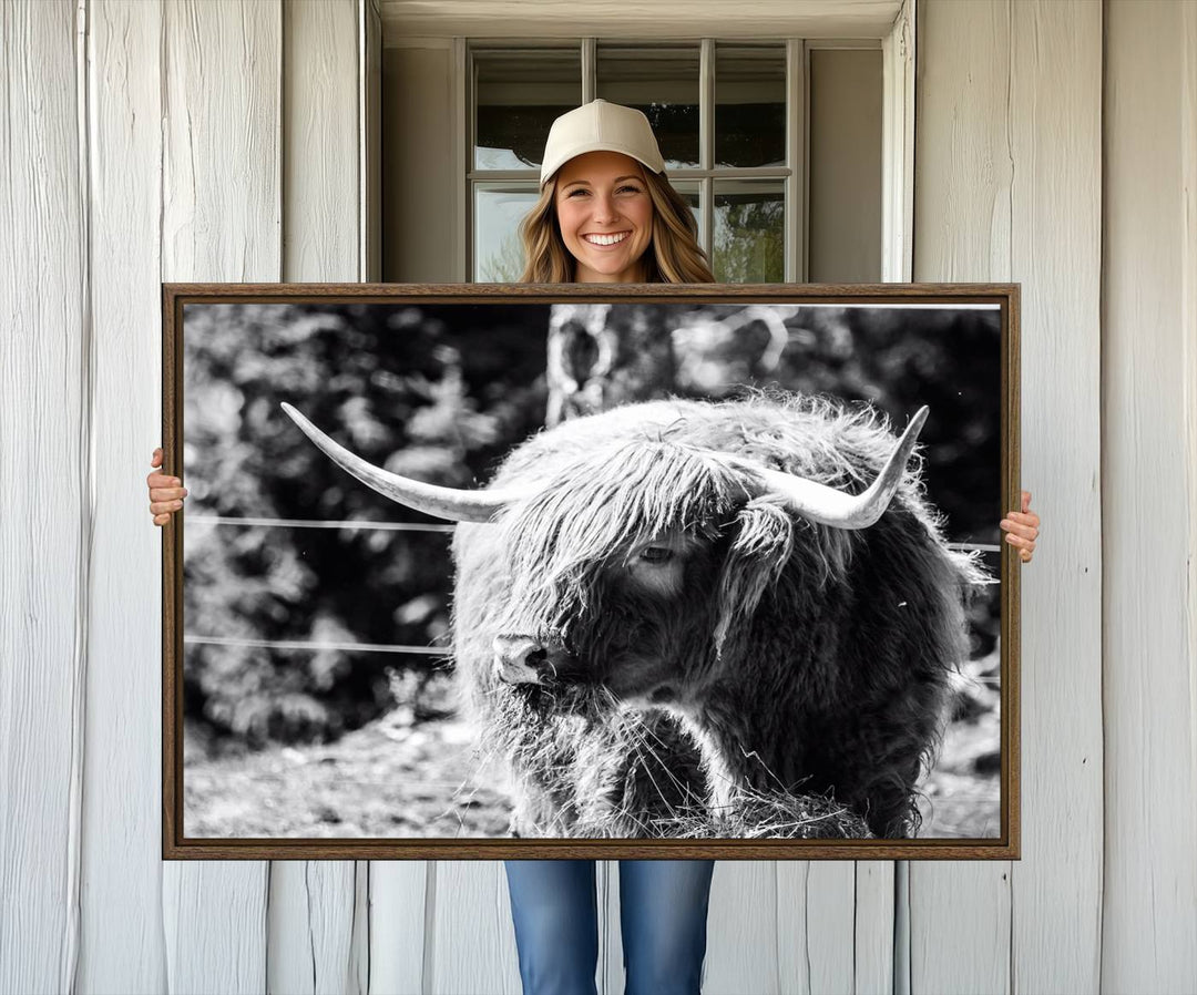 The black and white Highland Cow Canvas Wall Art adds farmhouse elegance to the space.