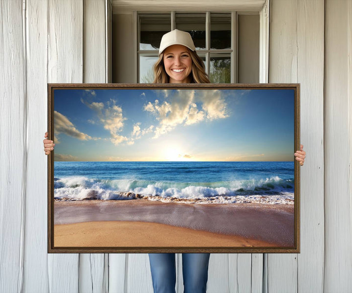 The dining room features a Coastal Tropical Beach Sunset canvas wall art.