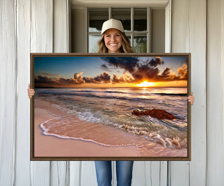 Coastal dining room decor: serene ocean waves triptych canvas.