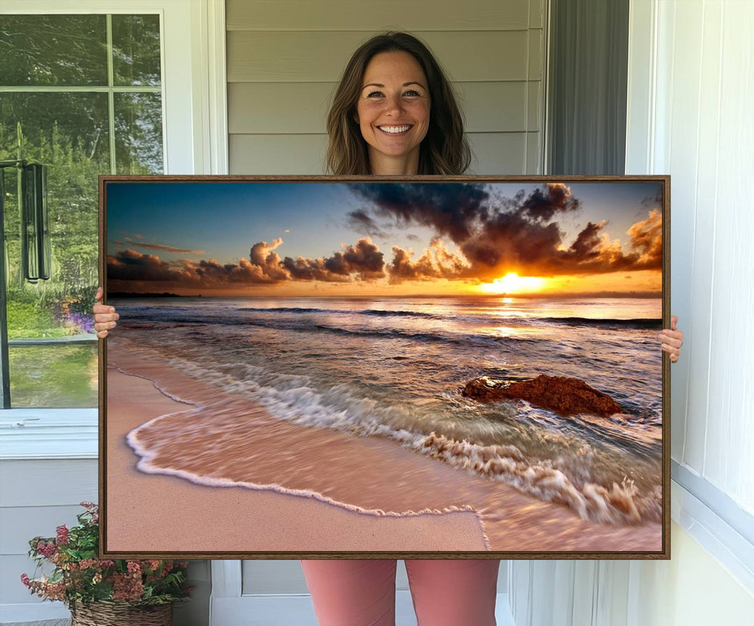 The Sunset on Ocean Wall Art Canvas Print beautifully captures a beach sunset, gentle waves, and a peaceful atmosphere.