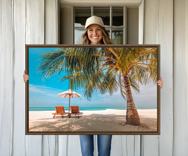 The 3-panel Tropical Beach Wall Art features palm trees and sun loungers, perfect for coastal decor.