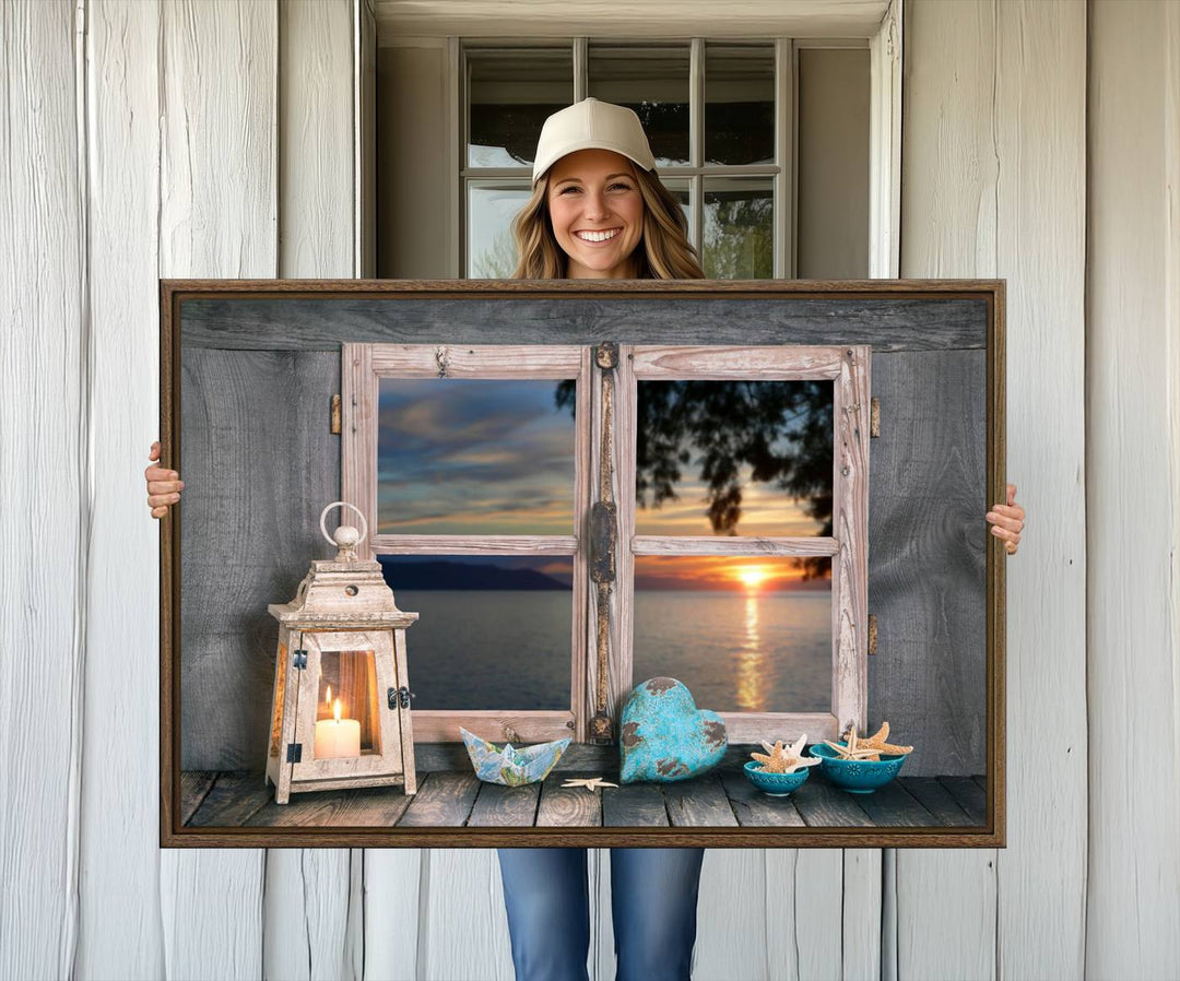 The Astonishing Sunset from the Window canvas print beautifully captures a sea view, accompanied by a lantern and starfish.