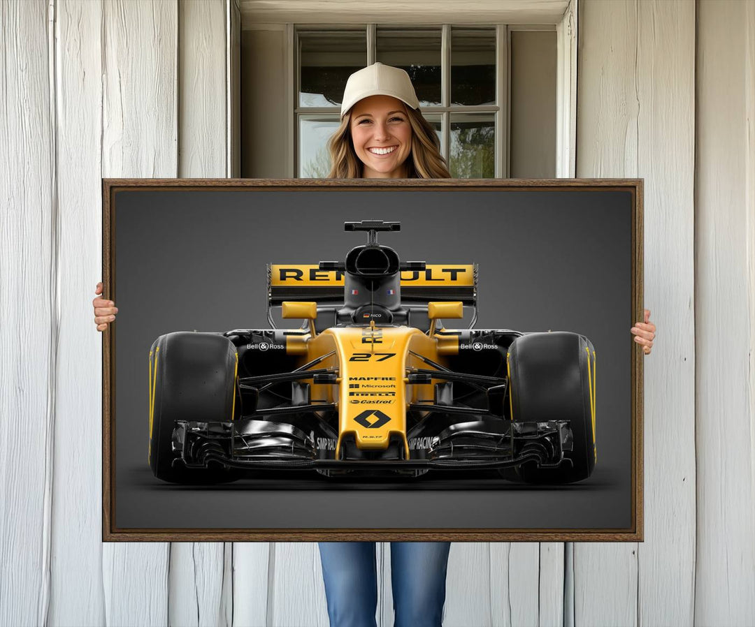 A yellow and black F1 Renault car canvas print with free shipping.