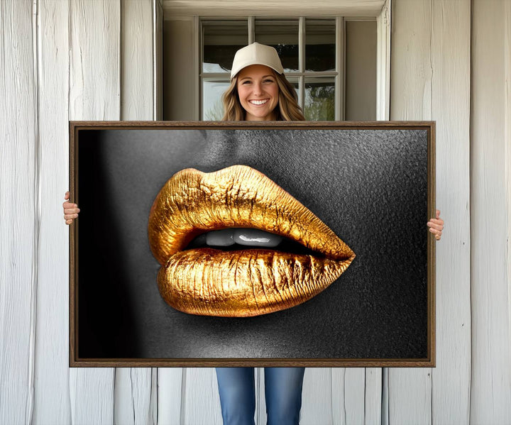 The Gold Lips Canvas Wall Art on a black background is showcased.