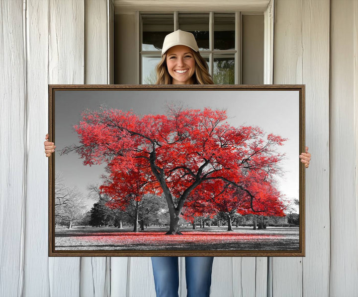 A Red Autumn Tree Canvas Wall Art Print of red leaves.