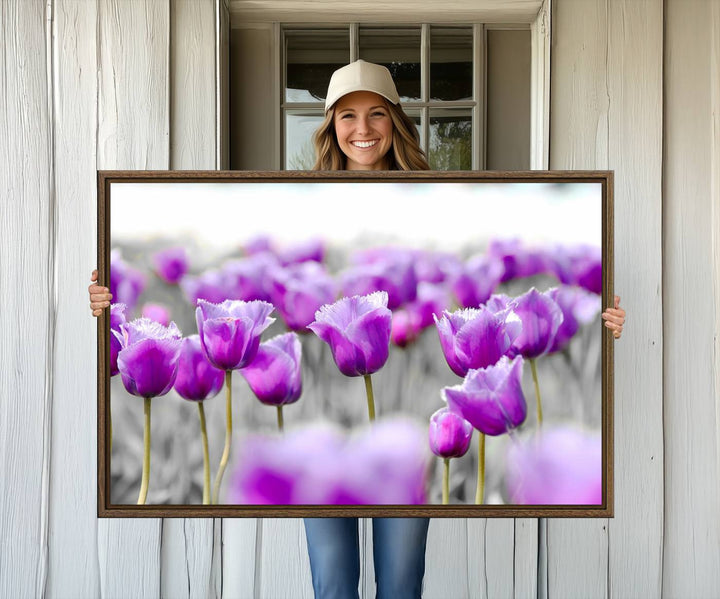 A gallery-wrapped Tulip Fields canvas wall art in a vivid purple hue.