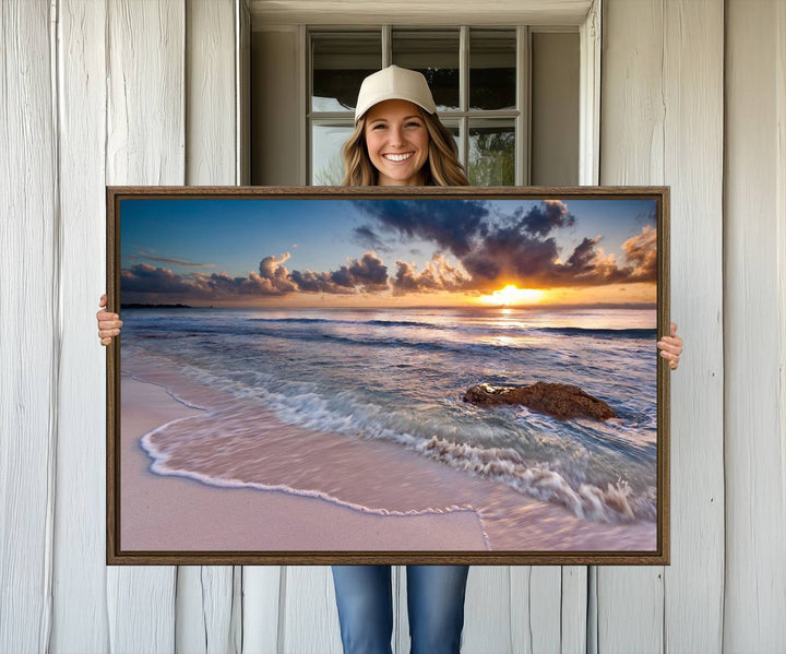 The room features a Sunset Beach Waves Canvas above the counter.