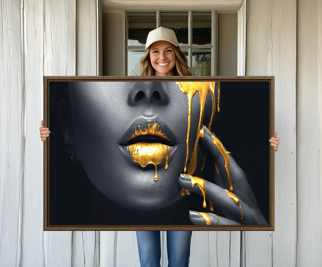 Above the dining area is the Gold Glitter Lips Fashion Makeup canvas wall art.