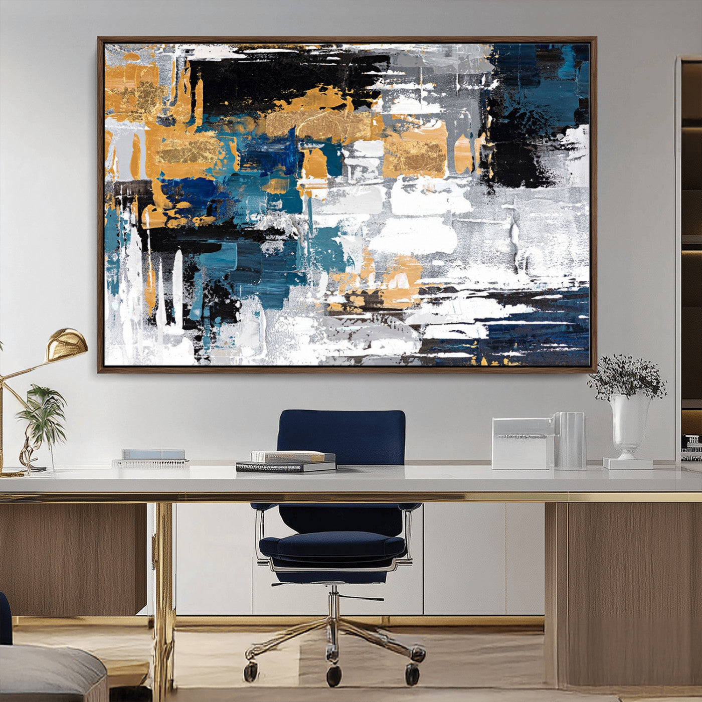 57708-MGV-CV-36X24-Blue and Gold Abstract Canvas Wall Art – Triptych Modern Painting for Living Room – Framed and Ready to Hang